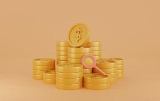 Pile of gold coins on orange background. Symbol of goals in investing.savings and business.money management.Saving and money growth concept.Dollar Coin.money bag.piggy bank.3D render,Illustration. photo