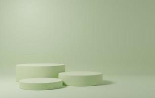 3D rendering illustration Mock up Cylinder podiums on green background. Minimal design with circle empty space. Scene to show cosmetic products presentation. Mock up design empty space. Showcase photo