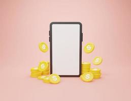 3d rendering illustration Cartoon minimal coin stacking modern smartphone on pink background. photo