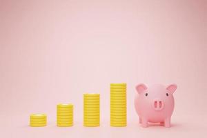 3d rendering illustration Cartoon minimal piggy bank with coin stacking money savings and investment concept. coins stack step up increase. photo