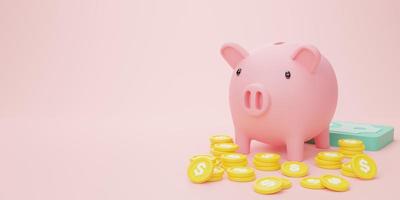 3d rendering illustration Cartoon minimal piggy bank with coin stacking money savings concept for long-term investment, Business development concept. photo