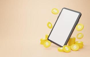 3d rendering illustration Cartoon minimal smartphone Mockup with floating coins dollar concept creative ideas photo