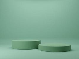 3D rendering illustration Mock up Cylinder podiums on green background. Minimal design with circle empty space. Scene to show cosmetic products presentation. Mock up design empty space. Showcase photo