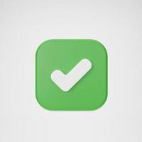 3d rendering illustration Cartoon minimal green Check mark icon, Like or correct symbol  isolated white background, check mark mobile app icon. photo