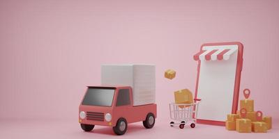3D rendering illustration Cartoon minimal delivery truck with package box. Online delivery service concept. Transportation shipment delivery, delivery website, banner, background, application photo