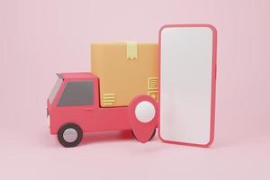 3D rendering illustration Cartoon minimal delivery truck loaded with a cardboard box and smartphone cargo box logistics and delivery parcel, Online delivery service concept. Fast shipping delivery photo