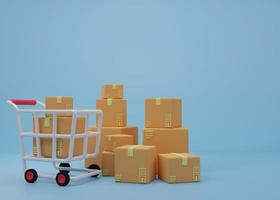3D rendering illustration Cartoon minimal shopping cart and boxes. Online delivery service concept. Logistics and wholesale concept. space for banner text, poster, background, application photo