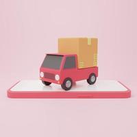 3D rendering illustration Cartoon minimal delivery truck loaded with a cardboard box and smartphone cargo box logistics and delivery parcel, Online delivery service concept. Fast shipping delivery photo
