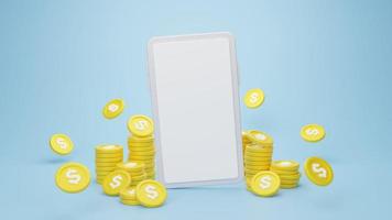 3d rendering illustration Cartoon minimal Mockup of smartphone with coin stacking money savings concept , Business development concept. photo