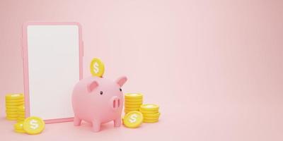 3d rendering illustration Cartoon minimal piggy bank with coin stacking money savings and Investment concept. Putting coin into piggy bank, Web banner with copy space. Business concept. photo