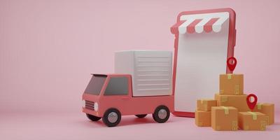 3d rendering illustration Cartoon minimal cardboard box or delivery package. Online express delivery service concept. Transportation shipment delivery, delivery website, banner, background photo