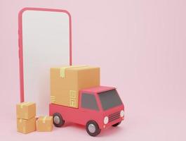 3D rendering illustration Cartoon minimal delivery truck loaded with a cardboard box and smartphone cargo box logistics and delivery parcel, Online delivery symbol e-commerce concept. photo