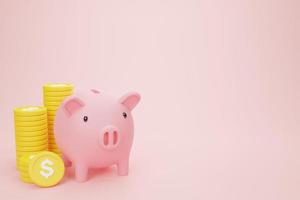 3d rendering illustration Cartoon minimal Money saving concept in a piggy bank with coin stacking money savings concept, money placed next,  Business concept. photo