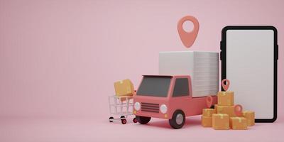 3d rendering illustration Cartoon minimal delivery truck with package box. Online delivery service concept. Transportation shipment delivery, delivery website, banner, background, application, poster photo