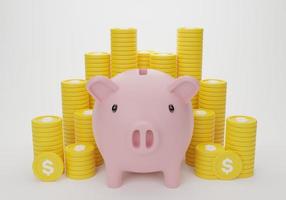 3d rendering illustration Cartoon minimal piggy bank with coin stacking money savings concept for long-term investment, Business development concept. photo