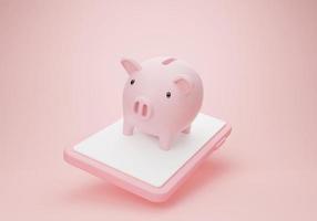 3d rendering illustration Cartoon minimal piggy bank with mobile phone service saving money . Business development concept. money deposit and investment for financial app. photo