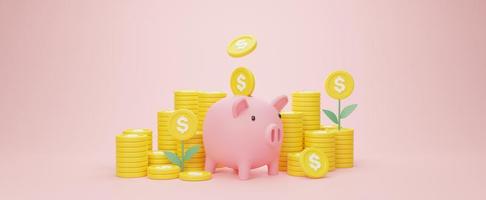 3d rendering illustration Cartoon minimal piggy bank with coin stacking money savings concept for long-term investment, Business development concept. photo