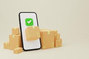 3D rendering illustration Cartoon minimal APP delivery Phone with parcel, Online Fast shipping delivery service concept. delivery website, banner, background, application, poster, express photo