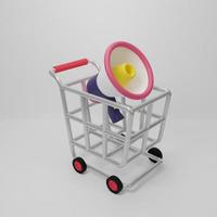 3D rendering illustration Cartoon minimal shop cart and megaphone, loudspeaker advertising or promotion banner photo