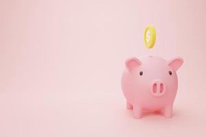 3d rendering illustration Cartoon minimal piggy bank with coin on pink background with saving money concept. Financial planning for the future. photo