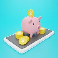 3d rendering illustration Cartoon minimal piggy bank with coin stacking money savings concept trendy isometric style. money on smartphone. Online deposit in your phone. photo