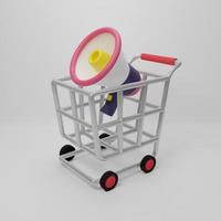 3D rendering illustration Cartoon minimal shop cart and megaphone, loudspeaker advertising or promotion banner photo