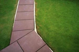 Concrete walk pathway and green grass in the garden top view photo