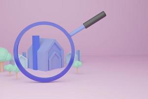 magnifying glass magnifying housing icon model , Finding a home type of residence, finding vacation rentals, 3d illustration, pastel colors photo