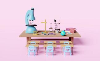 3d science experiment kit with microscope, globe, magnifying, beaker, test tube, student desk, chair isolated on pink background. room innovative education, e-learning concept, 3d render illustration photo