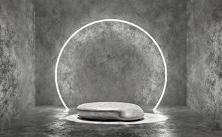 3d gray stone cube stage podium empty with neon shadow, abstract geometric cosmetic showcase pedestal grey background. minimal modern scene, 3d render illustration photo