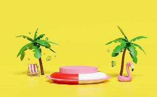 Podio de escenario de cilindro 3d vacío con playa de verano, silla, flamenco inflable, palmera, salpicaduras de agua aisladas en fondo amarillo. concepto de venta de verano de compras, ilustración de renderizado 3d foto