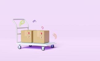 3d warehouse trolley empty, platform trolley with goods cardboard box icon isolated on purple background. 3d render illustration photo