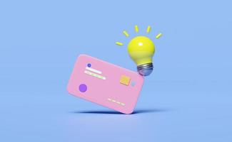 credit card icon with yellow light bulb 3d isolated on blue background. online shopping, idea tip, saving money, online payment, business finance, cashless concept, 3d render illustration photo