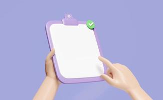 3d hands hold clipboard white checklist paper empty icon with hand pointing checkmark isolated on purple background. project plan, business strategy, quality control, template, 3d render illustration photo