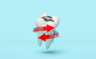 dental molar teeth model 3d icon with red spiral arrow, filling material isolated on blue background. dental examination of the dentist, tooth protection, 3d render illustration photo