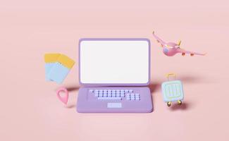 3d laptop computer monitor with suitcase, airplane ticket booking, pin isolated on pink background. summer travel, online hotel booking service concept, 3d render illustration photo