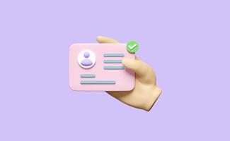 Icono de tarjeta de identificación de mano 3d con marca de verificación aislada en fondo púrpura. recursos humanos, tarjeta de plástico, concepto de búsqueda de empleo, ilustración 3d