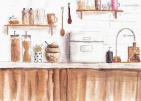 white and brown kitchen counter watercolor illustration photo