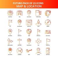 naranja futuro 25 mapa y conjunto de iconos de ubicación vector