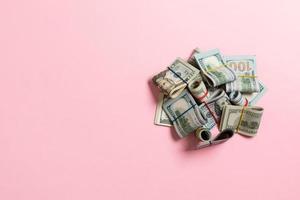 US Dollar bills bundles stack. one hundred dollar bills with stack of money in the middle. Top view of business concept on background with copy space photo