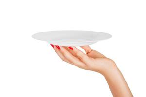 Blank empty round plate in female hand. perspective view, isolated on white background photo