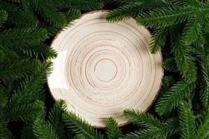 Top view of white plate surrounded with fir tree branches. Christmas dinner concept with copy space photo
