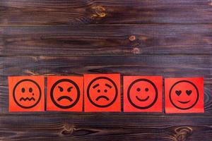 Red paper notes with happy, joy, anger, laughter and sad faces on blackboard. Vignette photo