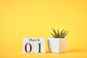 calendario de bloques de madera con fecha 1 de marzo y planta en el fondo amarillo foto