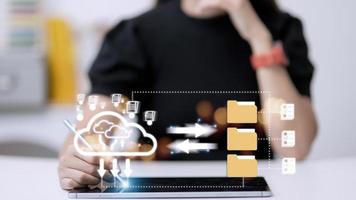 Cloud computing and online storage technologies, cloud computing and communications, connection to Internet server services for data transfer and data management. photo