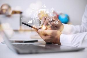 People use mobile smartphones. Business global internet connection application technology and digital marketing, Financial and banking, Digital link tech, big data. photo