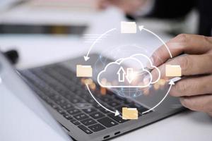 Cloud computing and online storage technologies, cloud computing and communications, connection to Internet server services for data transfer and data management. photo
