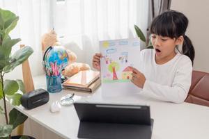 Asian schoolgirl doing her homework with digital tablet at home. Children use gadgets to study. Education and distance learning for kids. Homeschooling during quarantine. Stay at home photo