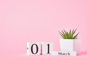 calendario de bloques de madera con fecha 1 de marzo y planta en el fondo rosa foto