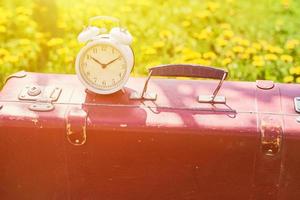 Alarm clock and retro suitcase on the grass with dandelion flowers in summer day photo